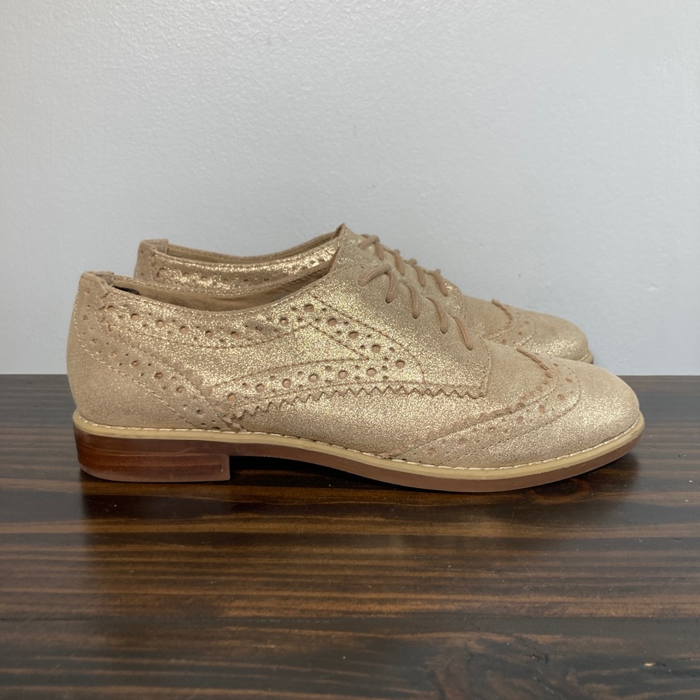 Gianni Bini Gold Metallic Leather Wood Bottom Oxford Shoes Womens Size 7